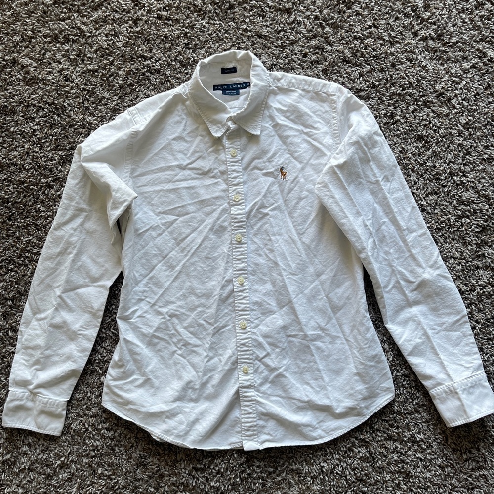 Ralph Lauren Logo Button Down Shirt White Long Sleeve Slim Fit Men's Size 10